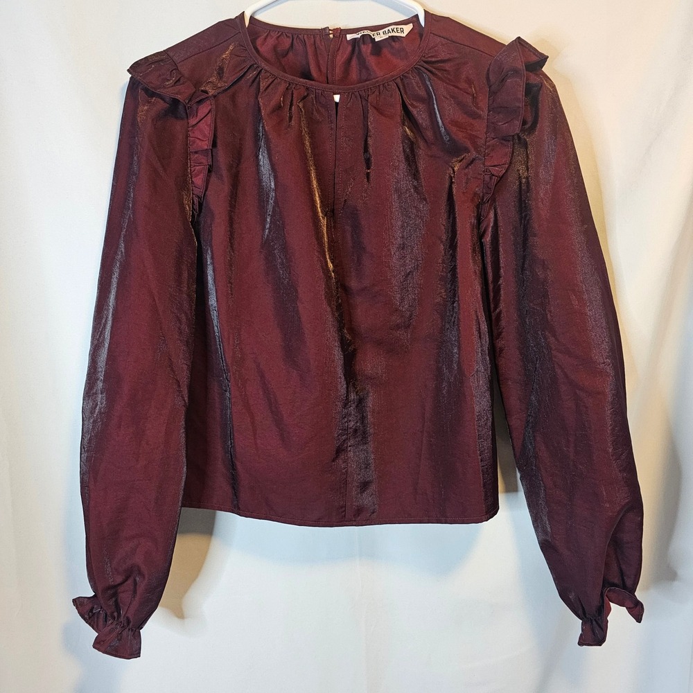 Walter Baker Ruffle Metallic Blouse Women Small Burgundy Shimmer Long Sleeve Top